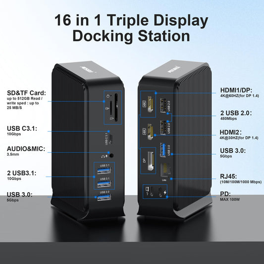 16-in-1 Laptop USB C Docking Station Triple Monitor