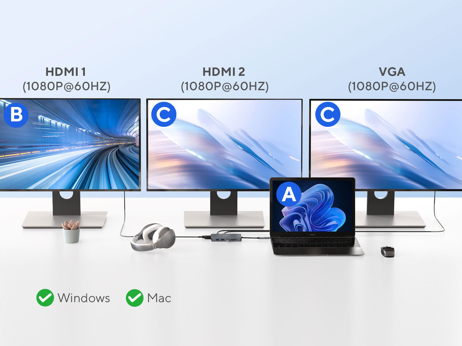 Mosirui triple screen expansion hub supports triple screen expansion for windows and mac systems.