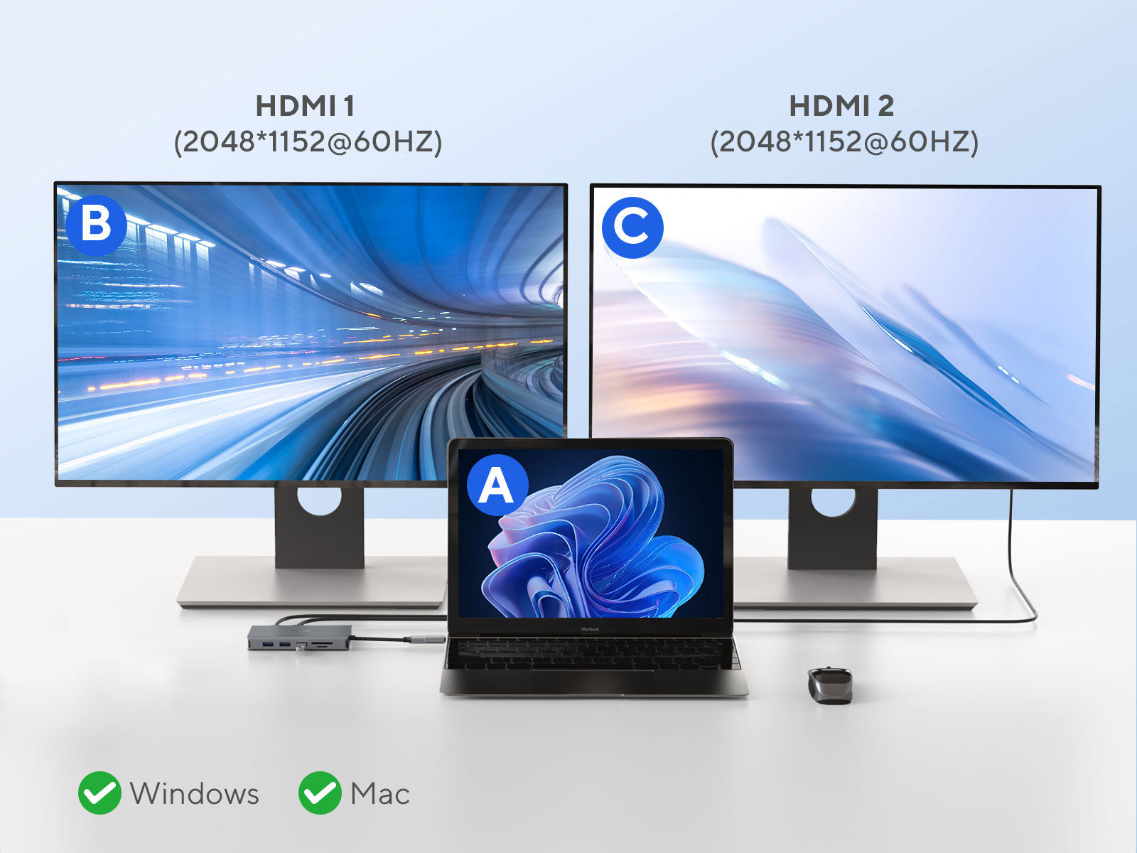 Mosirui triple screen expansion hub supports dual screen expansion for windows and mac systems.